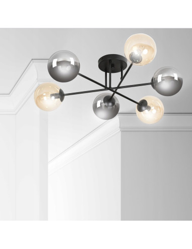 Plafon sufitowy BRENDI czarny, industrialny z 6 punktami świetlnymi E14 i eleganckimi szklanymi kloszami
