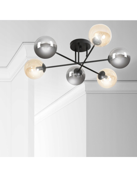 Plafon sufitowy BRENDI czarny, industrialny z 6 punktami świetlnymi E14 i eleganckimi szklanymi kloszami