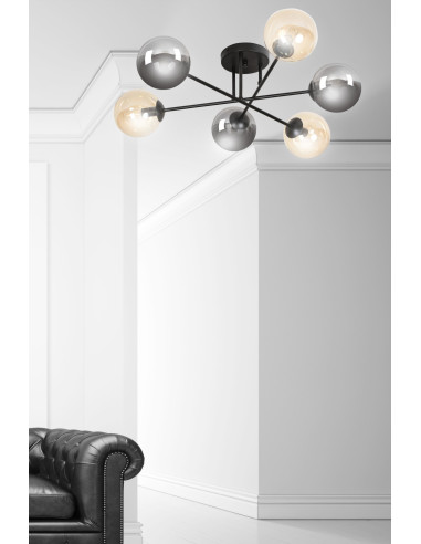 Plafon sufitowy BRENDI czarny, industrialny z 6 punktami świetlnymi E14 i eleganckimi szklanymi kloszami