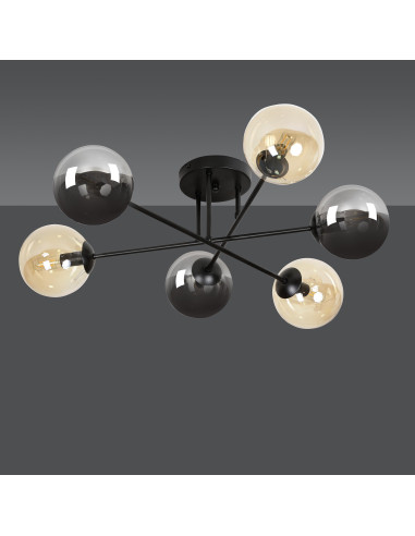 Plafon sufitowy BRENDI czarny, industrialny z 6 punktami świetlnymi E14 i eleganckimi szklanymi kloszami