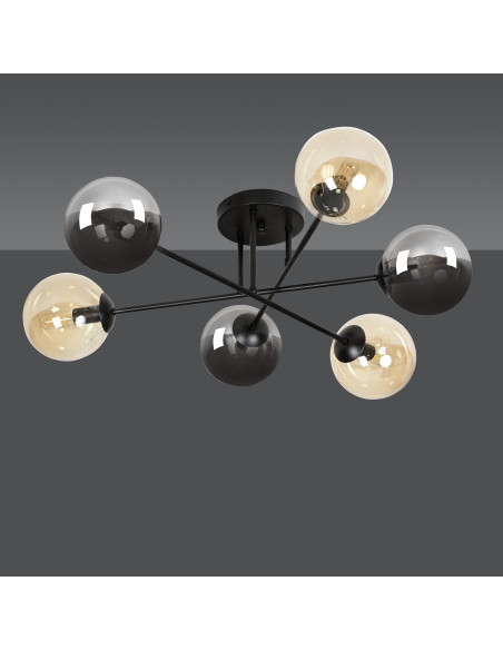 Plafon sufitowy BRENDI czarny, industrialny z 6 punktami świetlnymi E14 i eleganckimi szklanymi kloszami