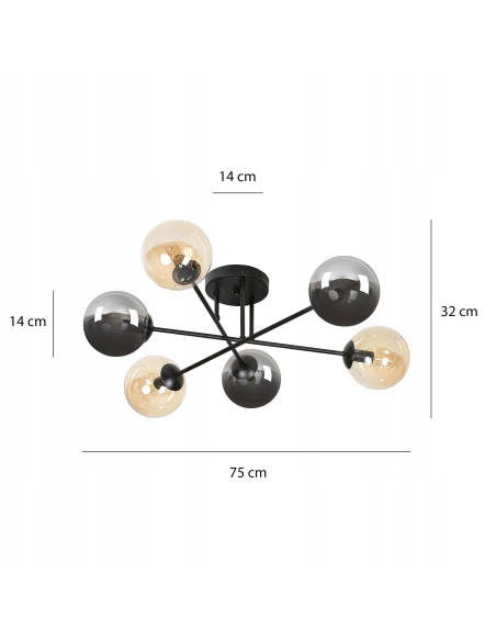 Plafon sufitowy BRENDI czarny, industrialny z 6 punktami świetlnymi E14 i eleganckimi szklanymi kloszami
