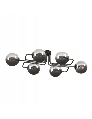 Elegancki plafon BRENDI z czarnymi, przydymionymi kloszami – 6-punktowe oświetlenie w klasycznym stylu.