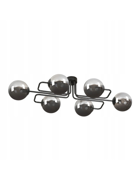 Elegancki plafon BRENDI z czarnymi, przydymionymi kloszami – 6-punktowe oświetlenie w klasycznym stylu.