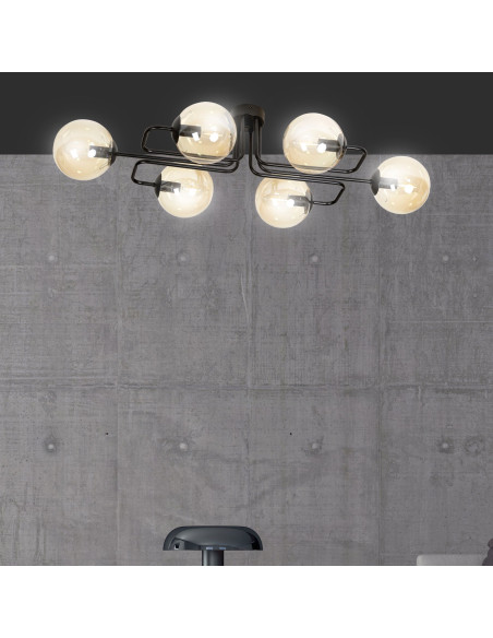 Plafon industrialny BRENDI z miodowymi kloszami, 6-punktowy, eleganckie oświetlenie do salonu i holu