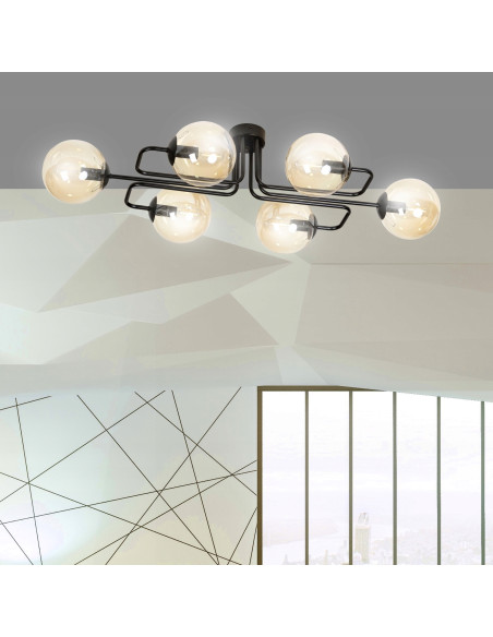 Plafon industrialny BRENDI z miodowymi kloszami, 6-punktowy, eleganckie oświetlenie do salonu i holu