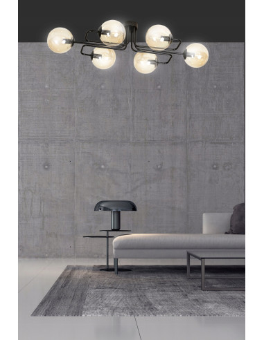 Plafon industrialny BRENDI z miodowymi kloszami, 6-punktowy, eleganckie oświetlenie do salonu i holu