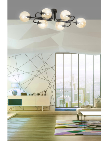 Plafon industrialny BRENDI z miodowymi kloszami, 6-punktowy, eleganckie oświetlenie do salonu i holu