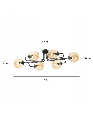 Plafon industrialny BRENDI z miodowymi kloszami, 6-punktowy, eleganckie oświetlenie do salonu i holu