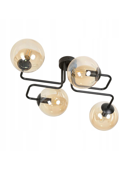 Nowoczesny plafon BRENDI 4-punktowy miodowo-czarny ze szklanymi kloszami, idealny do eleganckich wnętrz