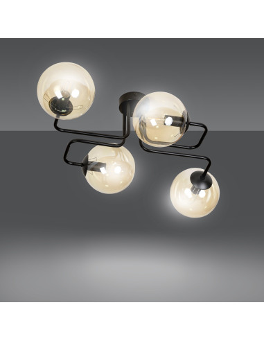 Nowoczesny plafon BRENDI 4-punktowy miodowo-czarny ze szklanymi kloszami, idealny do eleganckich wnętrz