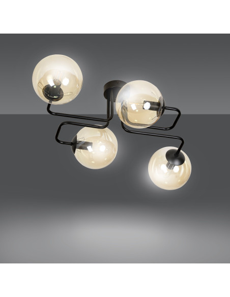 Nowoczesny plafon BRENDI 4-punktowy miodowo-czarny ze szklanymi kloszami, idealny do eleganckich wnętrz