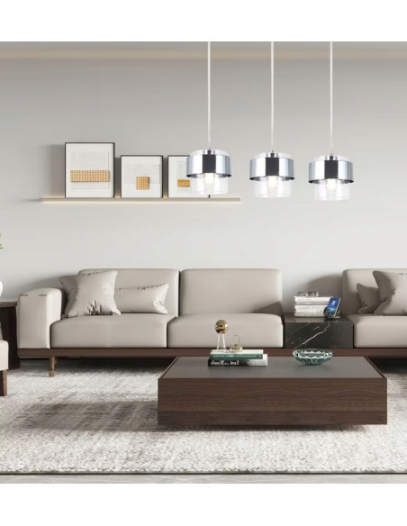 Lampa wisząca Quan z chromowanym pierścieniem E27, 120 cm, elegancka i nowoczesna, 3 źródła światła, idealna do każdego wnętrza