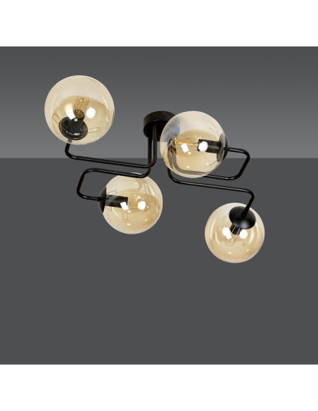 Nowoczesny plafon BRENDI 4-punktowy miodowo-czarny ze szklanymi kloszami, idealny do eleganckich wnętrz