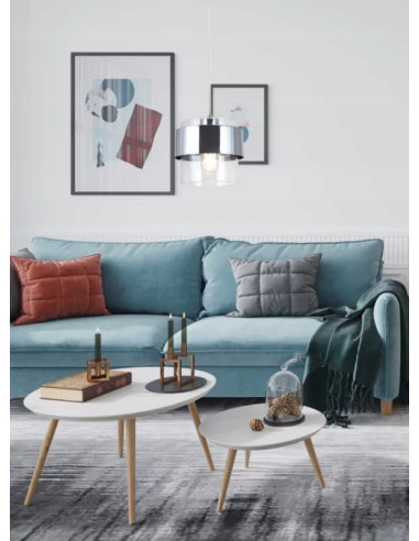 Lampa wisząca Quan E27 w kształcie łożyska, nowoczesna srebrna z chromem, wysokość 120 cm, elegancka do wnętrz.