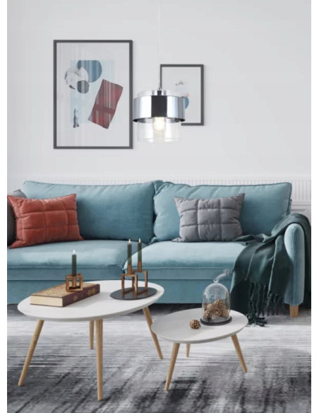 Lampa wisząca Quan E27 w kształcie łożyska, nowoczesna srebrna z chromem, wysokość 120 cm, elegancka do wnętrz.