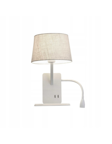 Lampa Kinkiet DAKOTA z USB i giętką odnóżką - elegancka lampa do sypialni w białym kolorze z półką do przechowywania.