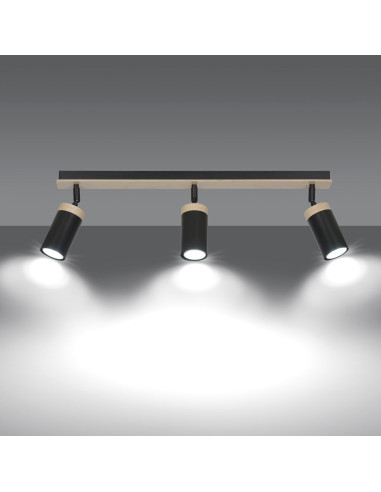 Reflektor sufitowy ELBA 3 z drewnianymi akcentami, nowoczesny plafon z regulacją światła w czerni i beżu