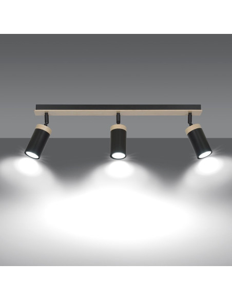 Reflektor sufitowy ELBA 3 z drewnianymi akcentami, nowoczesny plafon z regulacją światła w czerni i beżu