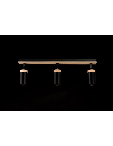 Reflektor sufitowy ELBA 3 z drewnianymi akcentami, nowoczesny plafon z regulacją światła w czerni i beżu