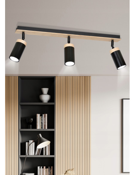 Reflektor sufitowy ELBA 3 z drewnianymi akcentami, nowoczesny plafon z regulacją światła w czerni i beżu