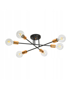 Plafon industrialny VEKEN 6B z miedzianymi detalami E27 - okrągły, nowoczesny, 6 punktów świetlnych, czarny metal
