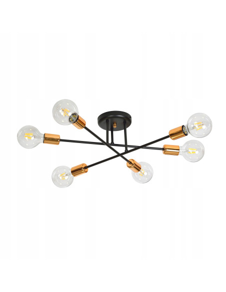 Plafon industrialny VEKEN 6B z miedzianymi detalami E27 - okrągły, nowoczesny, 6 punktów świetlnych, czarny metal