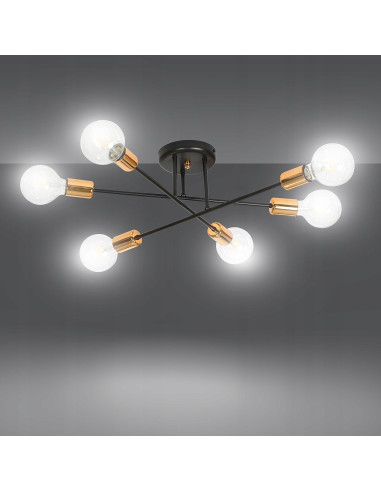 Plafon industrialny VEKEN 6B z miedzianymi detalami E27 - okrągły, nowoczesny, 6 punktów świetlnych, czarny metal