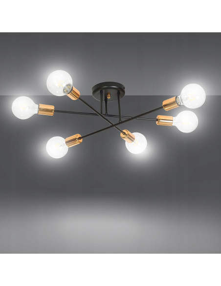 Plafon industrialny VEKEN 6B z miedzianymi detalami E27 - okrągły, nowoczesny, 6 punktów świetlnych, czarny metal
