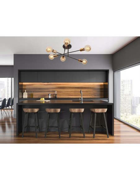 Plafon industrialny VEKEN 6B z miedzianymi detalami E27 - okrągły, nowoczesny, 6 punktów świetlnych, czarny metal