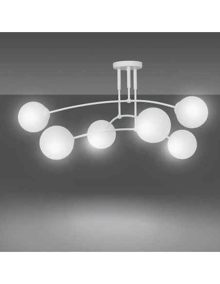 Klasyczny plafon PREGOS z 6 szklanymi kulami, biała elegancja do nowoczesnych i tradycyjnych wnętrz