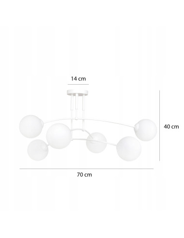 Klasyczny plafon PREGOS z 6 szklanymi kulami, biała elegancja do nowoczesnych i tradycyjnych wnętrz