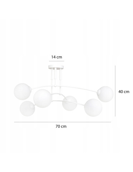 Klasyczny plafon PREGOS z 6 szklanymi kulami, biała elegancja do nowoczesnych i tradycyjnych wnętrz