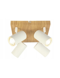 Plafon quadratowy Quentin z metalowymi reflektorami, biały z imitacją drewna, do nowoczesnych wnętrz.