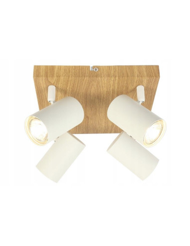 Plafon quadratowy Quentin z metalowymi reflektorami, biały z imitacją drewna, do nowoczesnych wnętrz.