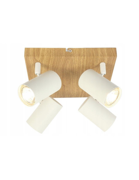 Plafon quadratowy Quentin z metalowymi reflektorami, biały z imitacją drewna, do nowoczesnych wnętrz.