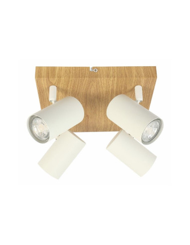 Plafon quadratowy Quentin z metalowymi reflektorami, biały z imitacją drewna, do nowoczesnych wnętrz.