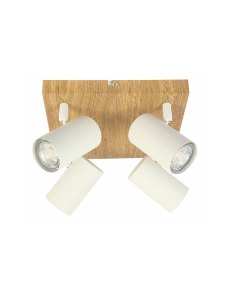 Plafon quadratowy Quentin z metalowymi reflektorami, biały z imitacją drewna, do nowoczesnych wnętrz.