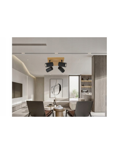 Czarny kwadratowy plafon Quentin z 4 reflektorami - nowoczesne oświetlenie skandynawskie do stylowych wnętrz