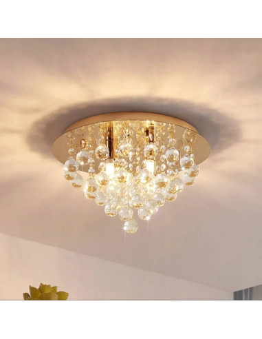 Złoty plafon kryształowy London Crystal z trzema źródłami światła E14 – elegancka lampa sufitowa do salonu