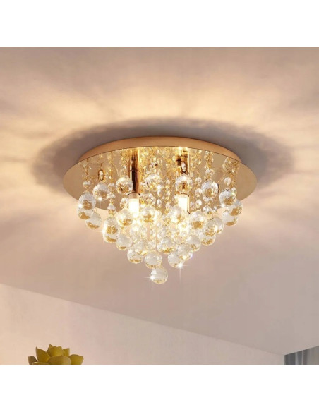 Złoty plafon kryształowy London Crystal z trzema źródłami światła E14 – elegancka lampa sufitowa do salonu