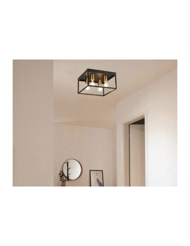 Plafon loftowy w kształcie klatki, czarny z złotymi akcentami - elegancka iluminacja do kuchni i salonu