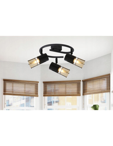 Plafon loftowy Scottie w kolorze bursztynowym i czarnym, okrągły, metalowo-szklany, 3-punkty świetlne