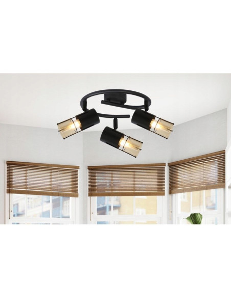 Plafon loftowy Scottie w kolorze bursztynowym i czarnym, okrągły, metalowo-szklany, 3-punkty świetlne