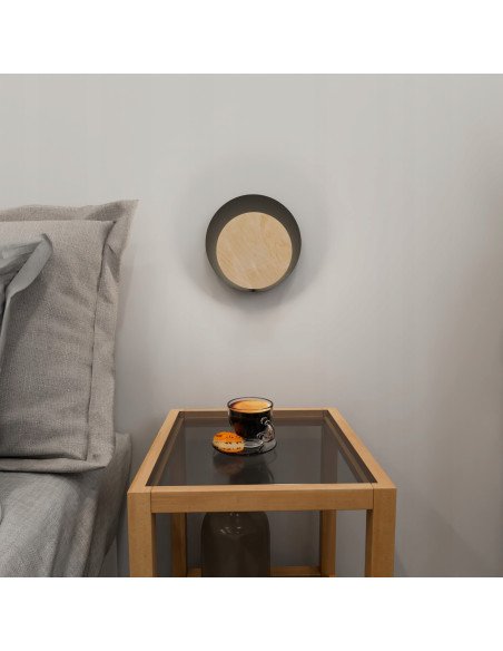 Kinkiet CIRCLE w kształcie półksiężyca, czarny, nowoczesne oświetlenie z drewnianą konstrukcją do wnętrz