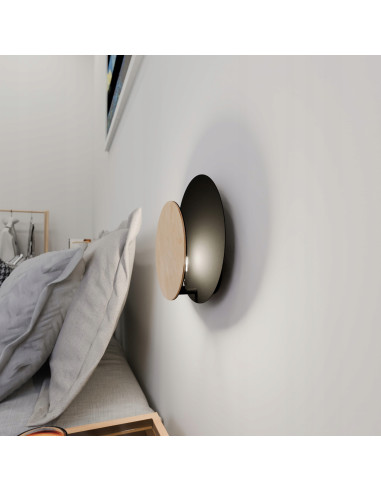 Kinkiet CIRCLE w kształcie półksiężyca, czarny, nowoczesne oświetlenie z drewnianą konstrukcją do wnętrz
