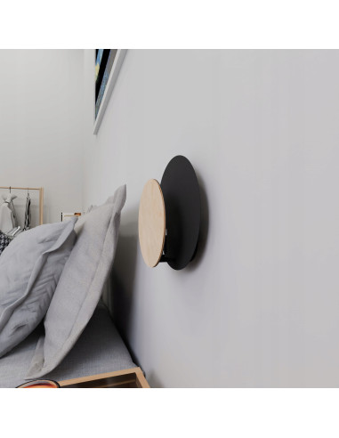 Kinkiet CIRCLE w kształcie półksiężyca, czarny, nowoczesne oświetlenie z drewnianą konstrukcją do wnętrz