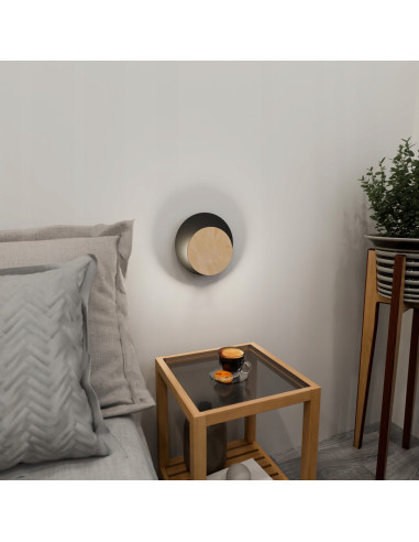 Kinkiet CIRCLE w kształcie półksiężyca, czarny, nowoczesne oświetlenie z drewnianą konstrukcją do wnętrz