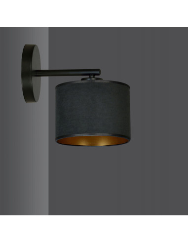 Kinkiet HILDE K1 BL - elegancka lampa ścienna w czerni z welurowym abażurem i złotym akcentem do salonu i biura