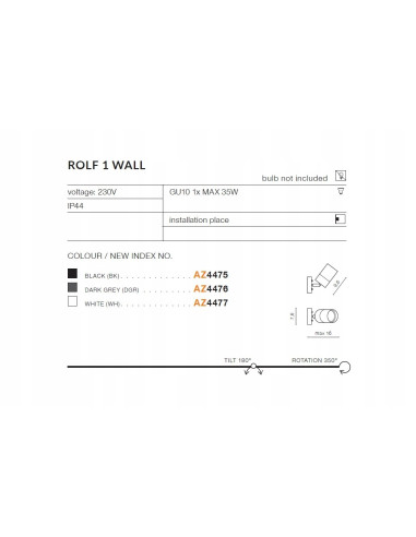 Moderny reflektor ogrodowy ROLF WALL czarny z regulacją światła, IP44, 35W GU10 - eleganckie oświetlenie tarasu i ogrodu